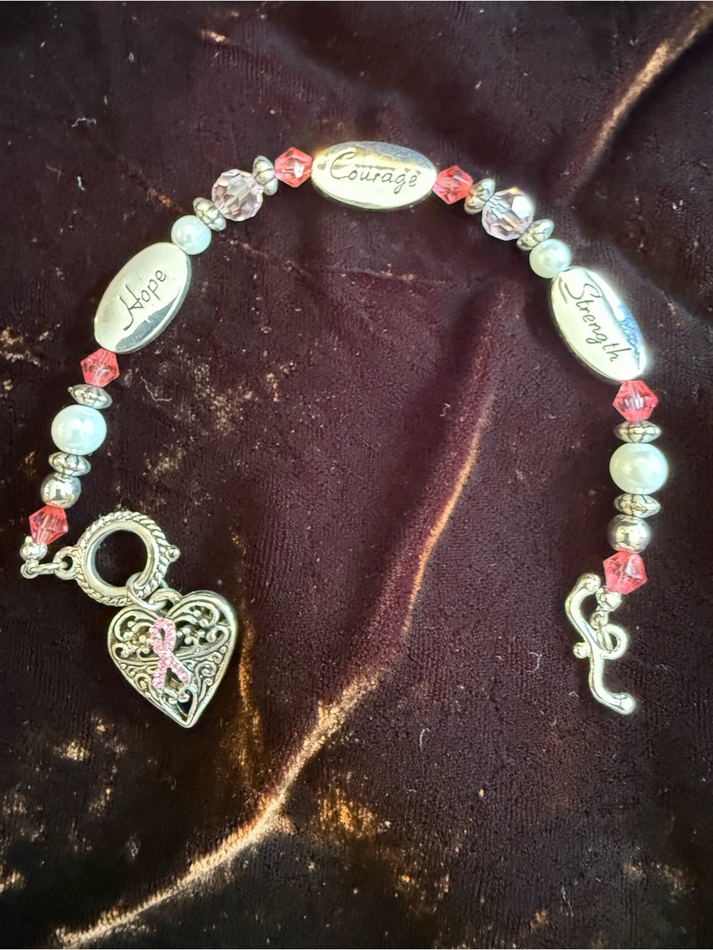 Pink Crystal bead breast cancer awareness, & Pearl Inspirational Charm Bracelet